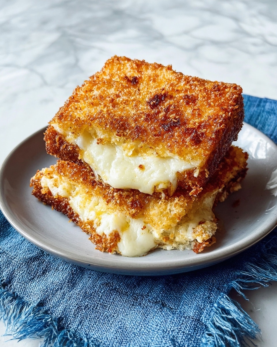 The image shows two golden brown fried sandwich pieces stacked on a white plate with crispy, textured, and crunchy crust layers on the outside. The inside of the sandwich has melted white cheese that stretches as a woman's hand lifts the top piece, revealing soft, creamy layers with gooey cheese strands connecting the two pieces. The plate sits on a white marbled surface with a cloth napkin in the background. photo taken with an iphone --ar 4:5 --v 7