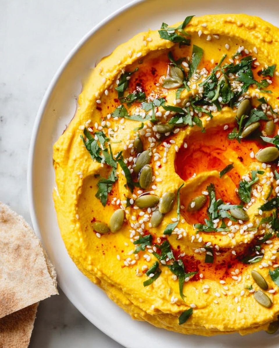 A white bowl filled with a smooth, bright yellow hummus is shown, swirled in a circular motion creating a textured top layer. The hummus is topped with scattered white sesame seeds, chopped green herbs, small dark green pumpkin seeds, and a drizzle of red chili oil that collects in the center indentation. Several pieces of grilled pita bread, featuring brown grill marks and a light beige color, are placed inside and around the bowl, resting on a white marbled surface. To the top left, there is a white plate with a roasted orange pumpkin slice. Garlic cloves scattered on the surface and a small glass bowl with a halved lemon add extra context. The photo taken with an iphone --ar 4:5 --v 7