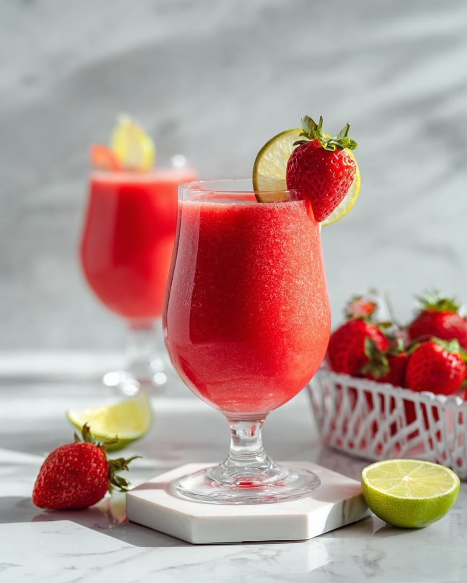 A clear rounded glass filled to the top with bright red, smooth and slightly thick strawberry smoothie with tiny bubbles on the surface. The glass is garnished on the rim with one fresh red strawberry with green leaves and a thin green lime slice layered in front of the strawberry. In the background, there is another glass with the same smoothie and a small white tray filled with whole red strawberries. The surface under the glass is a white marbled texture. Photo taken with an iphone --ar 4:5 --v 6.1