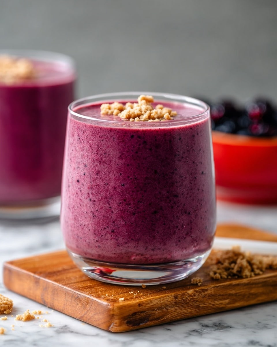 A close-up view of a single glass filled with a thick, deep purple smoothie topped with crumbled light tan pieces scattered on the surface. The glass is clear, showing the smooth, rich texture of the purple mixture inside. The glass sits on a small wooden board, resting on a white marbled surface. In the background, there is a blurry second glass with the same smoothie and a white bowl filled with dark red and black berries. The image has a clean, fresh look. Photo taken with an iphone --ar 4:5 --v 6.1