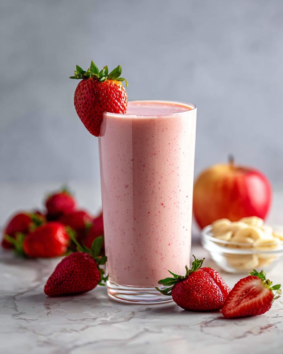 A tall clear glass filled with a smooth light pink strawberry smoothie, dotted with tiny red specks from blended strawberries, reaching just to the top of the glass. A large whole red strawberry with green leaves is placed on the rim of the glass on the right side. Around the base of the glass, there are several bright red strawberries scattered on a white marbled surface, with a slightly out-of-focus red apple on the left near the strawberries. The background is soft and light gray, creating a clean and fresh look. Photo taken with an iphone --ar 4:5 --v 6.1
