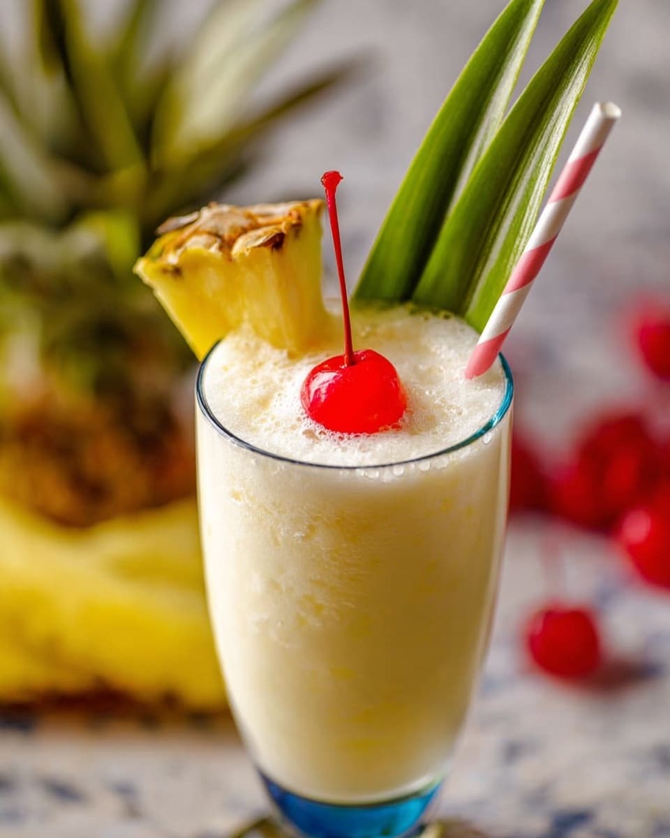 The image shows a close-up of a tall glass filled with a creamy, light yellow frothy drink. At the top, there is a bright red cherry with a long stem sitting on the frothy surface, slightly off-center. Next to the cherry, a white and pink striped straw is inserted into the drink on the right side. On the left edge of the glass, there is a piece of pineapple with its rough, brown-green skin and spiky texture, accompanied by two long, green leaves sticking out vertically from the glass. The glass rim is clear with a slight blue tint. The background features a blurred white marbled surface with red cherries visible in the distance. photo taken with an iphone --ar 4:5 --v 6.1