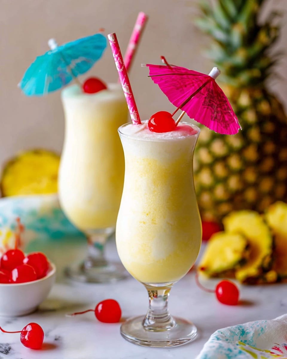 Two tall glasses filled with creamy pale yellow drinks showing a smooth, frothy texture that rises above the rim. Each glass is topped with a bright red cherry sitting on the foam. One glass has a pink paper umbrella and a pink-and-white striped straw, while the other has a blue paper umbrella without a straw. The background includes pineapple slices and a small white bowl holding extra cherries, all set on a white marbled surface. Photo taken with an iphone --ar 4:5 --v 6.1