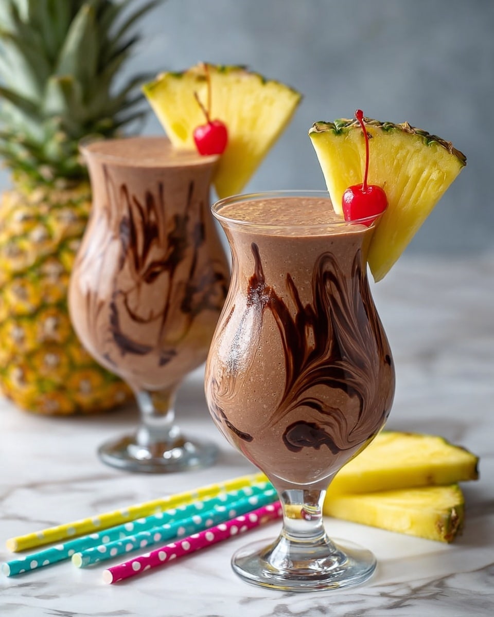 A tall clear glass filled with a light brown creamy drink that has a smooth, slightly frothy texture, with dark chocolate syrup lines dripping down the inside of the glass. On the rim, there is a bright yellow pineapple wedge with green edges, and a red cherry placed next to it. The glass stands on a white marbled surface with scattered pineapple pieces and colorful polka-dot straws around it. In the blurry background, a whole pineapple and a coconut shell are visible. Photo taken with an iphone --ar 4:5 --v 6.1