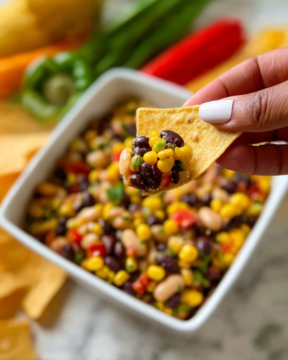 A close-up of a white square bowl filled with a colorful three-layer salad showing yellow corn, black beans, white beans, and small pieces of red and green peppers mixed together. In the foreground, a woman's hand with white and orange-tipped nails holds a tortilla chip topped with a small amount of the mixed salad. The background shows parts of fresh vegetables and chips on a white marbled surface. photo taken with an iphone --ar 4:5 --v 6.1