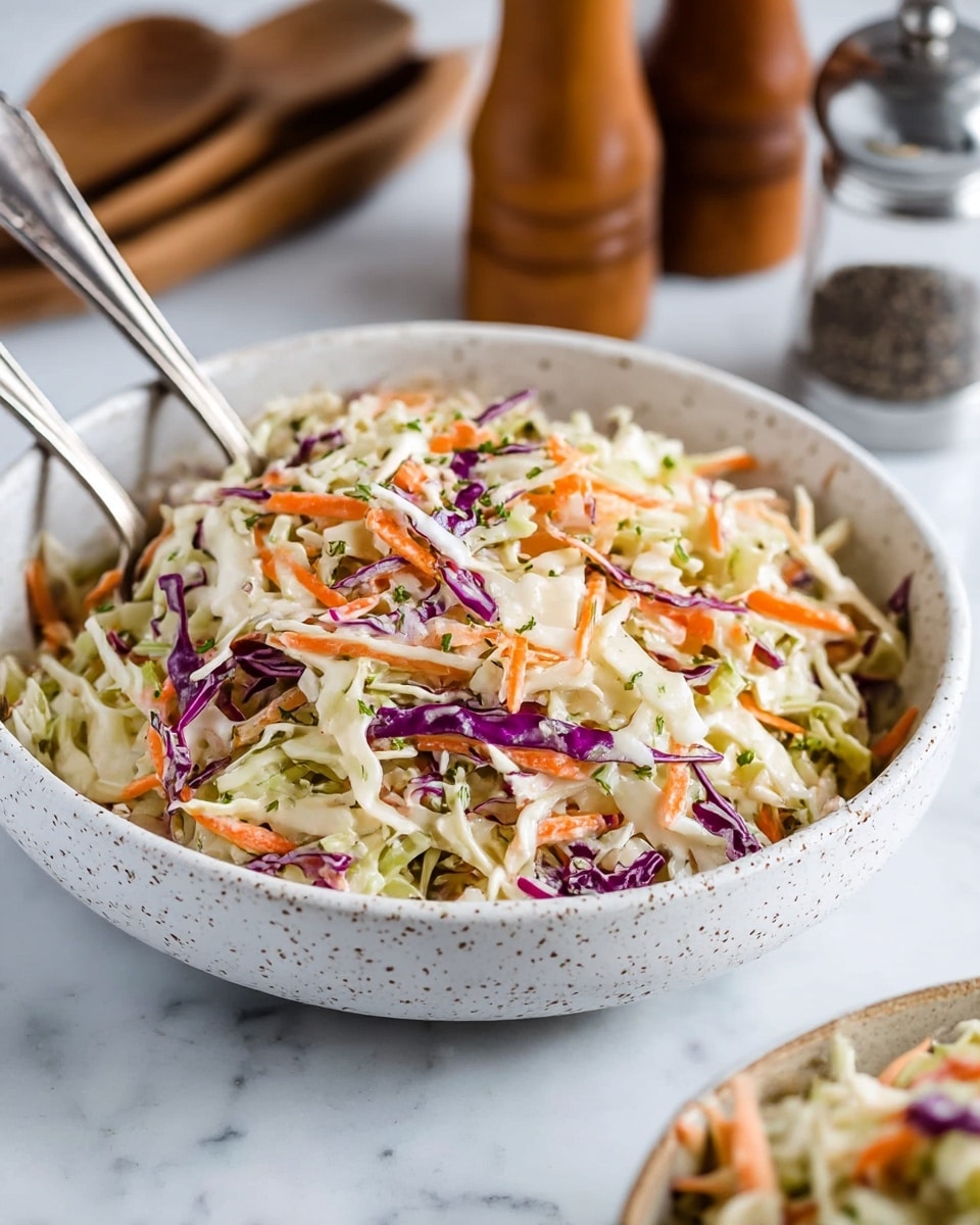 A white plate with brown speckles holds a mound of coleslaw made of thin layers of shredded pale green cabbage, orange carrot strips, and small purple cabbage pieces mixed with green herbs, creating a colorful texture. Two shiny silver serving spoons rest inside the coleslaw on the right side of the plate. The plate is placed on a white marbled surface with blurred parts of another white speckled bowl with coleslaw in the background on the left, three rustic metal forks on a small wooden board below, and a round wooden pepper grinder on the right side. photo taken with an iphone --ar 4:5 --v 6.1