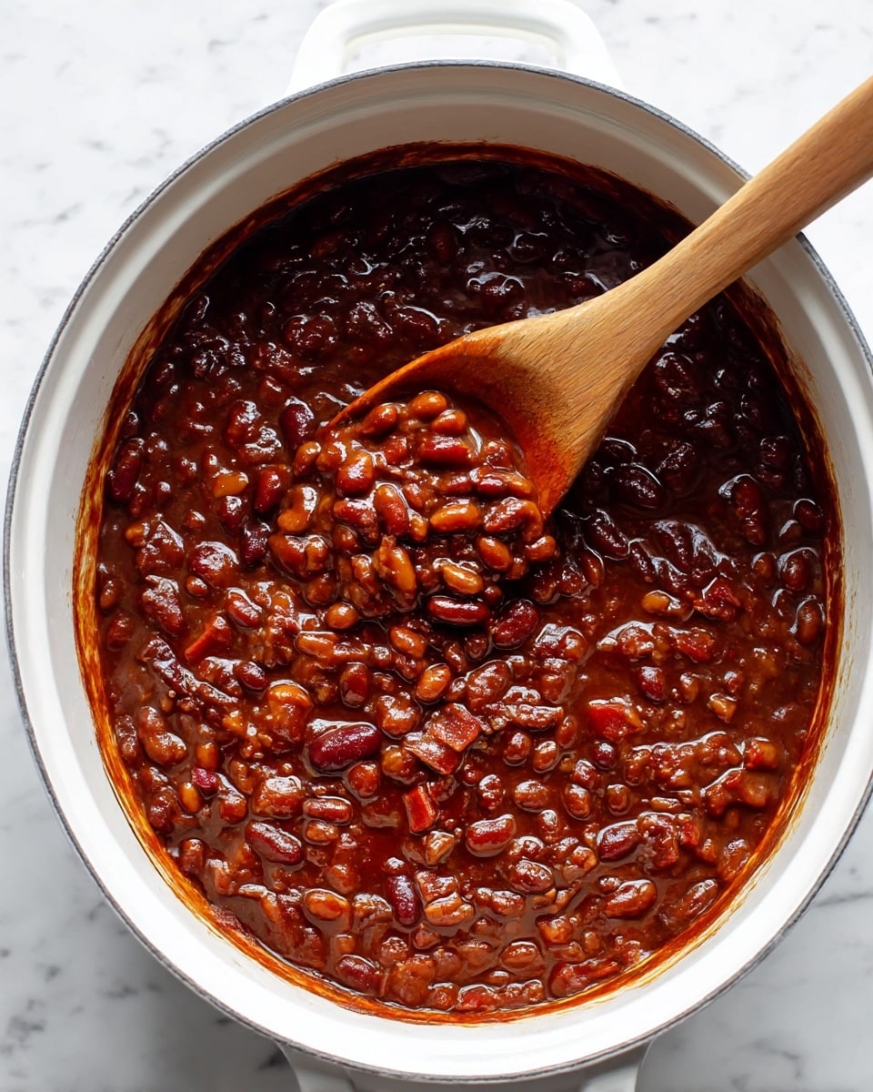 A white round pot filled with dark brown baked beans mixed with pieces of red and brown ingredients, showing a glossy texture with thick sauce. A wooden spoon with glossy beans rests inside the pot, slightly lifted and angled to the right. The pot sits on a white marbled surface. photo taken with an iphone --ar 4:5 --v 6.1