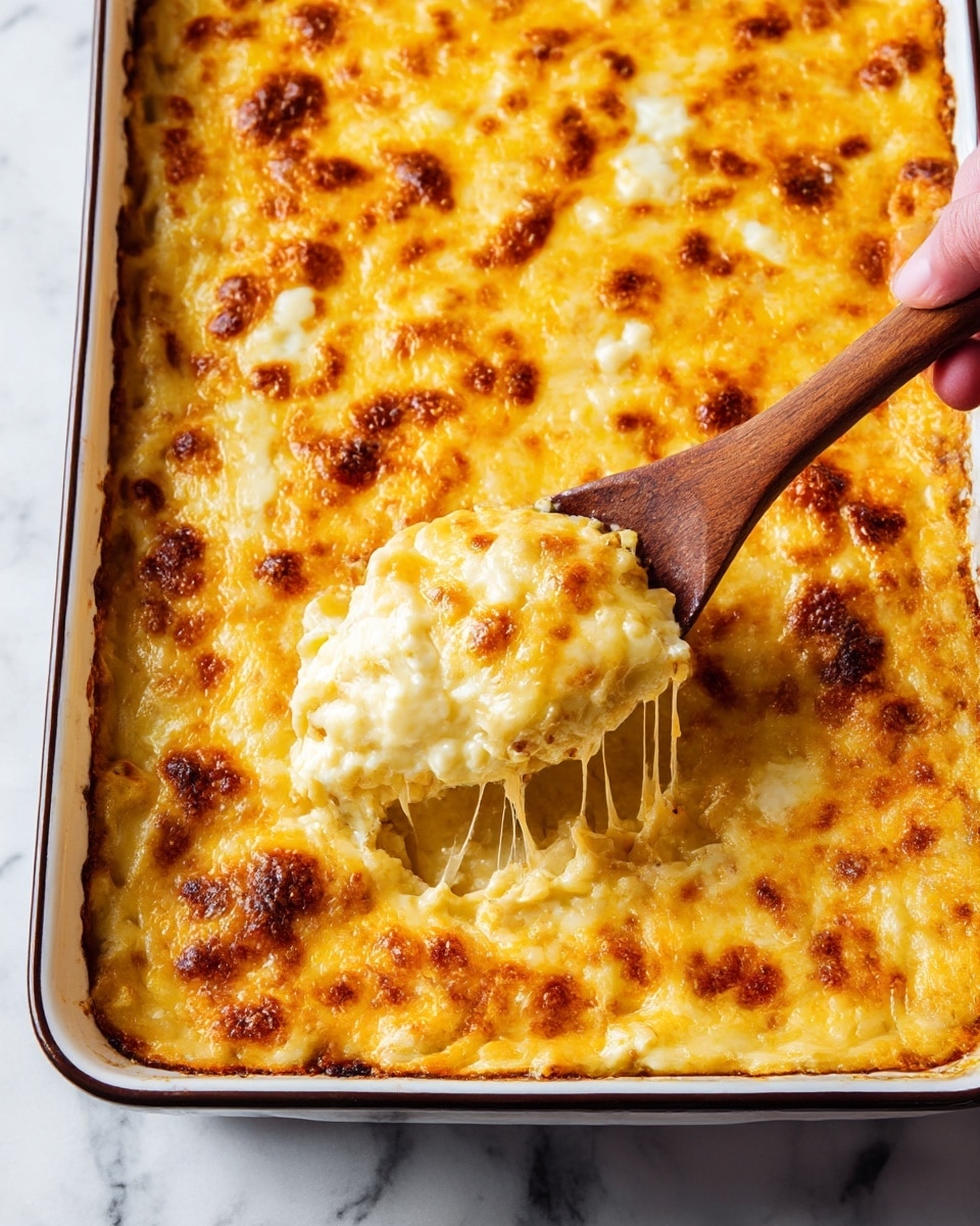 This image shows a large white rectangular baking dish filled with a three-layer baked casserole topped with melted, golden-yellow cheese that has browned spots. The top layer is bubbly and slightly crispy, with some visible white melted cheese mixed with the yellow cheese. A woman's hand is using a wooden spoon to scoop out a portion, showing the thick, creamy, and cheesy texture underneath the browned top, with bits of cheese stretching as the spoon lifts. The dish sits on a white marbled surface. photo taken with an iphone --ar 4:5 --v 6.1