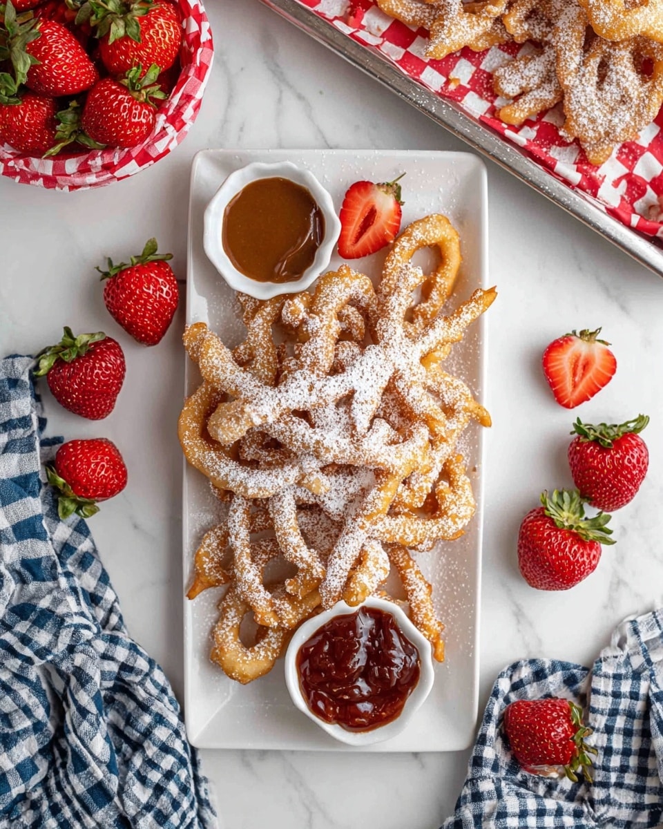 A white plate with many golden brown funnel cakes dusted with white powdered sugar, piled loosely so they twist and curl. A woman's hand is dipping one long twisted funnel cake into a small white square bowl filled with shiny caramel sauce. There are fresh red strawberries with green leaves sliced and placed near the funnel cakes. The background is a white marbled texture. photo taken with an iphone --ar 4:5 --v 6.1
