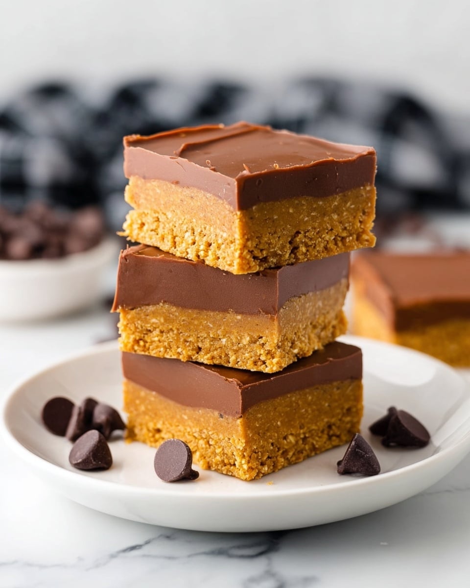 A stack of three square bars is placed on a white plate, each bar has two layers: a thick, crumbly light brown bottom layer, and a smooth dark brown top layer of chocolate frosting. The top bar has a bite taken out of its corner, showing the texture of both layers. Around the plate, a few dark chocolate chips are scattered. In the background, there is a blurred checkered cloth on a white marbled surface. photo taken with an iphone --ar 4:5 --v 6.1