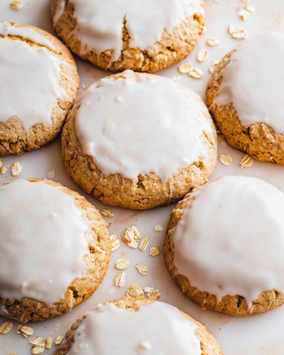 The image shows several round cookies with a light golden-brown color and a slightly rough texture. Each cookie is topped with a thick layer of smooth, white icing that drips down the sides gently, creating soft waves and some drops hanging off the edges. The cookies are placed on a silver metal cooling rack that is positioned over a silver baking tray. The background surface beneath has a clean white marbled texture with slight gray and green vein patterns. The cookies are arranged in rows, and the focus is on the cookie in the front center of the image. photo taken with an iphone --ar 4:5 --v 6.1