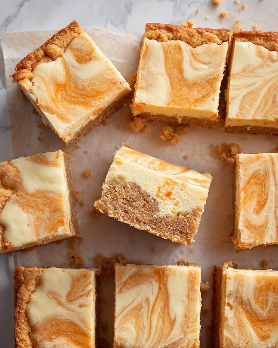 The image shows nine square pieces of a two-layered dessert arranged on parchment paper over a white marbled surface. Each piece has a bottom layer of light brown cake with visible orange specks, giving it a soft, crumbly texture. The top layer is creamy and pale yellow with a light brown marbled swirl pattern, creating a smooth and slightly glossy finish. One piece is slightly angled, revealing the thick cake layer beneath and the creamy swirled top layer. The edges of each piece are clean but slightly crumbly, and small crumbs are scattered around. Photo taken with an iphone --ar 4:5 --v 6.1