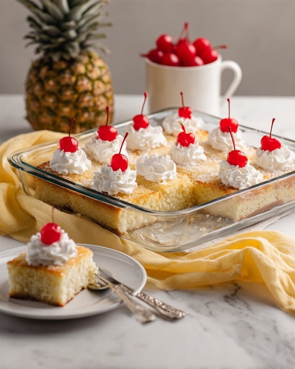 A clear glass rectangular dish holds a cake cut into nine even square pieces, each topped with a small swirl of white whipped cream and a bright red cherry with a stem. The cake has a light golden brown top with a soft, pale yellow inside. One square is taken out from the middle, showing the fluffy texture of the cake. On the white marbled surface next to the dish, there is a white plate with one piece of the cake and a silver fork. In the background, a whole pineapple and a white cup filled with red cherries sit near a soft yellow cloth draped casually beside the dish. Photo taken with an iphone --ar 4:5 --v 6.1