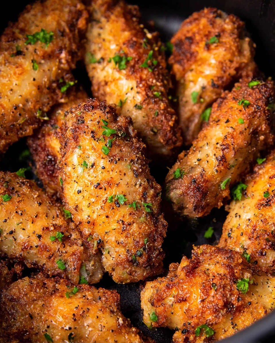 The image shows a close-up of crispy fried chicken wings arranged closely together. Each wing has a golden-brown crunchy coating with bits of black pepper and small green parsley pieces sprinkled on top. The texture looks rough and crunchy with some shiny spots from cooking oil. The background is a black air fryer basket, providing a dark contrast to the warm tones of the wings. photo taken with an iphone --ar 4:5 --v 6.1