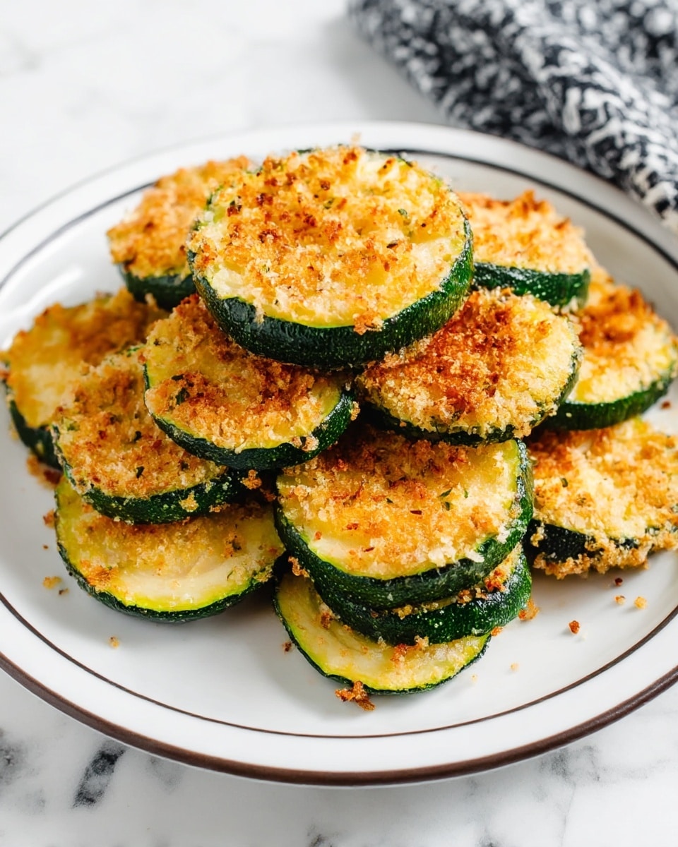 A white plate with a thin dark rim holds a stack of golden baked zucchini rounds. Each round shows three layers: a bright green zucchini base with firm skin, a light yellow inner layer of tender zucchini, and a crispy, crunchy top layer of browned breadcrumbs with small herbs and spices visible. The zucchini slices are arranged in a slightly messy pile, showing their round shape and crispy texture on top. The plate sits on a white marbled surface with a black and white patterned cloth to the side. photo taken with an iphone --ar 4:5 --v 6.1