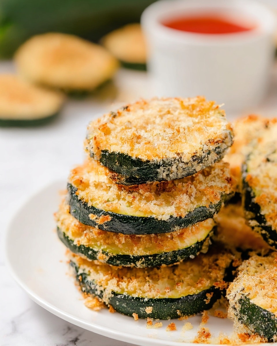 The image shows a close-up of a stack of five round zucchini slices, each topped with a crispy golden-brown breadcrumb layer. The zucchini slices are dark green around the edges with a soft pale green inside, and the breadcrumb topping is crunchy with a mix of light gold and small browned spots. The stack sits on a white plate, placed on a white marbled surface. In the background, more zucchini rounds are slightly blurred, along with a white cup filled with a red dipping sauce. Photo taken with an iphone --ar 4:5 --v 6.1