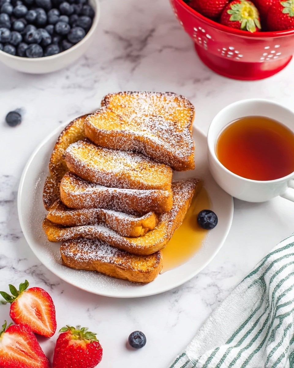 A white plate holds five golden brown slices of French toast arranged in a slight fan shape, dusted with a light layer of powdered sugar that adds a fine white texture on the toast’s crispy surface. On the right side of the plate, there's a small white bowl filled with amber-colored syrup. In front of the syrup bowl, a halved fresh strawberry with a bright red, juicy interior and green leaves sits alongside a few dark blue blueberries, adding a pop of color. The plate rests on a white marbled surface, with a blurred white bowl of blueberries and a red basket of strawberries visible in the background. Photo taken with an iphone --ar 4:5 --v 6.1