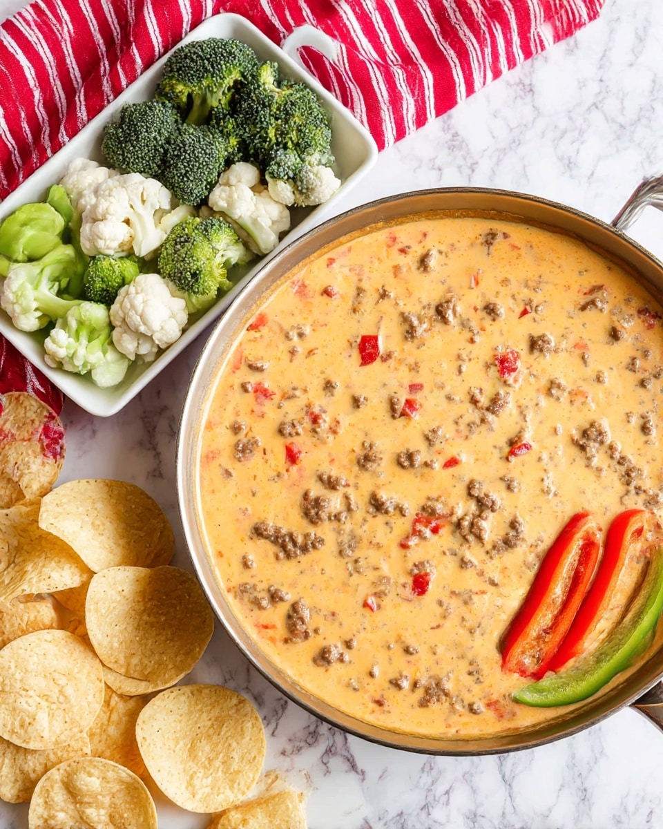 The image shows a large round pan filled with creamy, light orange cheese dip with bits of ground meat and small red pieces mixed in, creating a textured surface. Near the pan, on a white marbled surface, there is a rectangular white dish with four sections of fresh cut vegetables: dark green broccoli florets, white cauliflower florets, long green bell pepper slices, and long red bell pepper slices. To the left of the pan and vegetables, there are several light tan, cup-shaped tortilla chips scattered on a red and white striped cloth. The overall setting is bright and clean. photo taken with an iphone --ar 4:5 --v 6.1