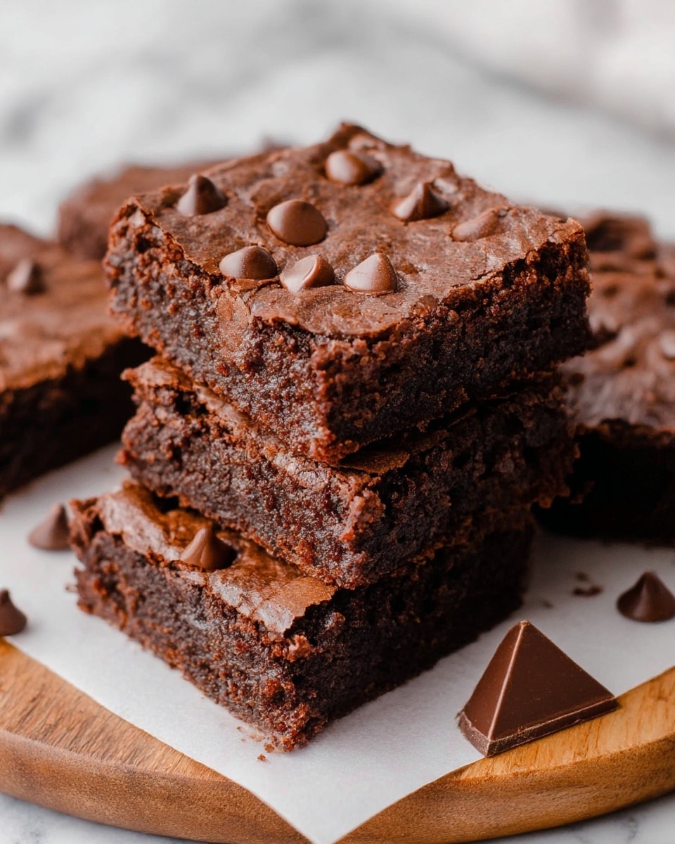 The image shows two thick, rich dark brown brownies stacked on a white plate, with one brownie leaning on the other. The top brownie has small pools and drips of melted milk chocolate chips scattered across its rough, crumbly surface. The texture of the brownies looks moist and dense, with visible chocolate chips inside. A blurred second plate with another brownie is in the background on a white marbled surface. The photo taken with an iphone --ar 4:5 --v 6.1