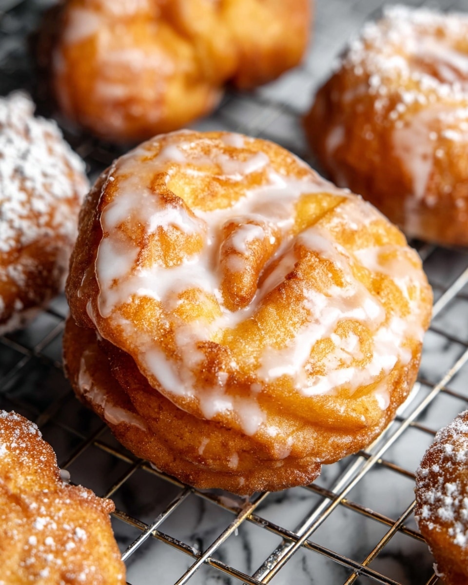The image shows several golden brown fried dough pieces with a rough, crispy texture. Some have a thick, creamy white icing spread unevenly on top, with swirls visible across the surface. The dough pieces are arranged on a black wire cooling rack. The background has a white marbled surface with a light green knitted cloth blurred out. There is a small dollop of the creamy white icing on the left side of the rack. Photo taken with an iphone --ar 4:5 --v 7