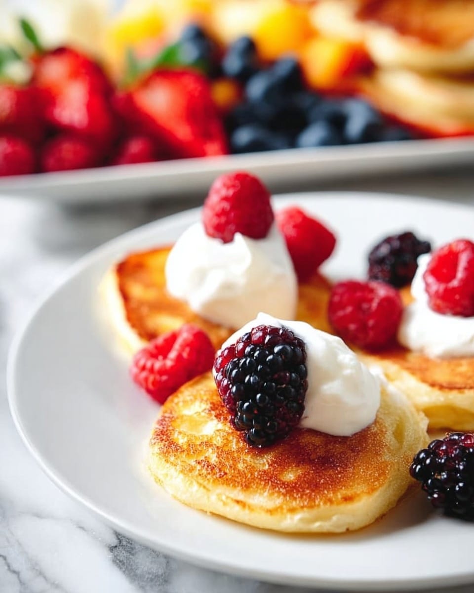 A white plate holds small golden brown pancakes, each topped with a dollop of white whipped cream and fresh berries including red raspberries and dark blackberries. The pancakes have a soft texture with slight browning on the edges. In the background, there is a blurred white plate filled with more fresh fruit like strawberries, blueberries, and slices of yellow fruit, all on a white marbled surface. The image is bright and focused on the pancakes in the front, capturing the fresh colors and texture of the berries and cream. Photo taken with an iphone --ar 4:5 --v 7