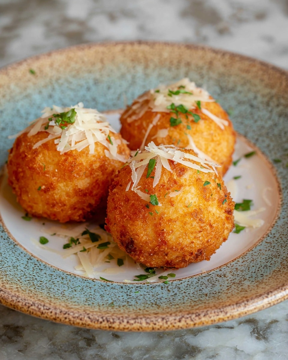 Three round golden-brown crispy fried balls are placed in the center of a white plate with a brown striped rim. Each ball is sprinkled with small white cheese shreds and green herb pieces. The plate sits on a white marbled surface. In the background, there is a small white cup filled with chunky red sauce, and a partial view of another similar plate with one of the fried balls is visible at the top left. The light is soft, showing texture and color clearly. photo taken with an iphone --ar 4:5 --v 7