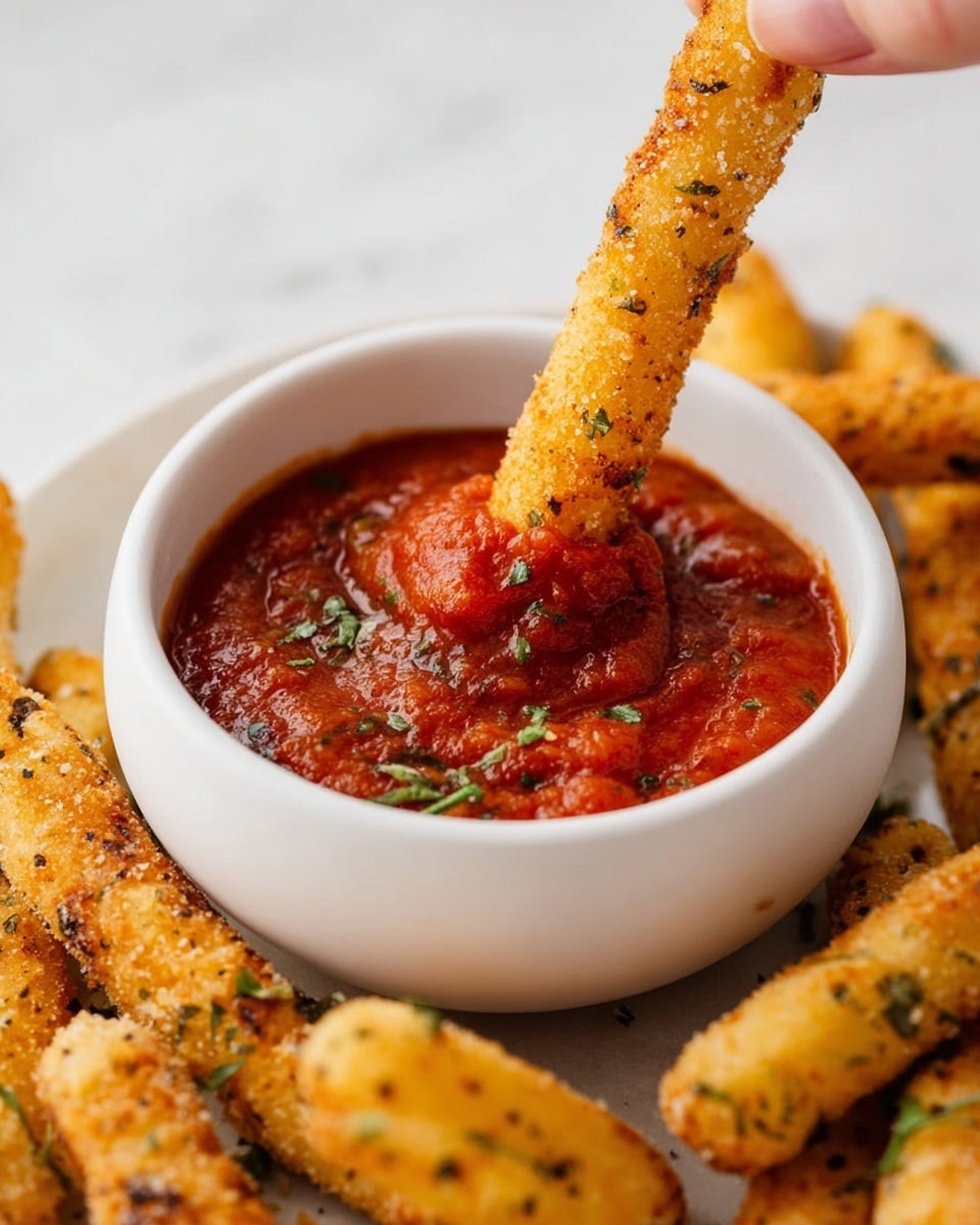 A white small round bowl filled with thick red tomato sauce with visible chunks and herbs, centered in the image. A woman's hand is dipping a golden-brown crispy stick with specks of black seasoning into the sauce. Several more of these crispy sticks are scattered around the bowl on a white marbled surface, showing a crunchy texture and some green herb bits on them. photo taken with an iphone --ar 4:5 --v 7