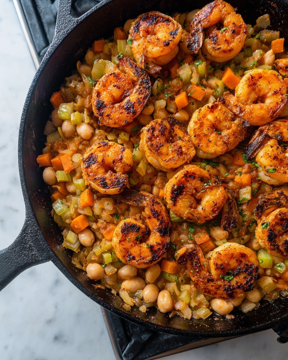 The image shows a black cast iron pan filled with a cooked dish where the main visible layers are browned shrimp on top and mixed beans and small carrot pieces beneath them, all sprinkled with green chopped herbs. The shrimp have a grilled, slightly charred texture and a rich orange color with some dark spots, while the beans create a creamy, beige base with hints of orange from the carrots. Lemon wedges with bright yellow color and a juicy texture are placed on top of the dish in the pan. The whole setup is on a white marbled surface with a red and white checkered cloth partially visible behind the pan. A metal serving spoon is lifting a portion of the shrimp and beans close to the camera, showing details of the textures clearly. photo taken with an iphone --ar 4:5 --v 7