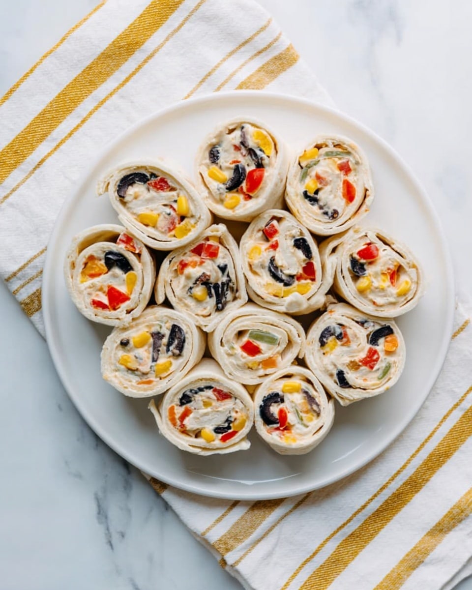 The image shows a white plate filled with many pinwheel-shaped wraps, each with three visible layers: a soft white tortilla on the outside, a creamy white spread in the middle, and pieces of black, yellow, and red vegetables scattered inside. The pinwheels are arranged closely together in a circular pattern. The plate sits on a white marbled surface with a white cloth underneath it that has yellow stripes. The colors are bright and the texture of the wraps looks soft and creamy. Photo taken with an iphone --ar 4:5 --v 7