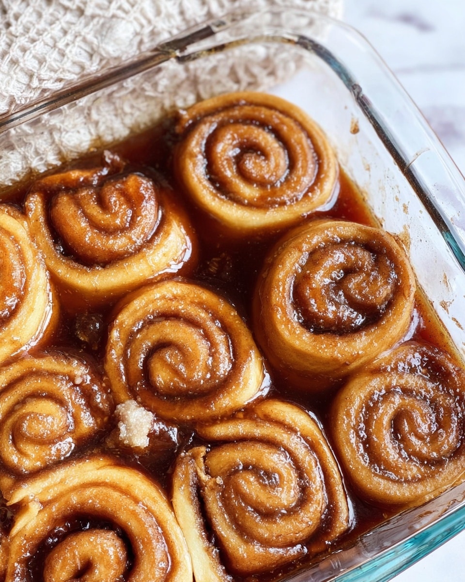 The image shows a close-up of ten cinnamon rolls placed in a glass square baking dish. Each cinnamon roll has a spiral shape with clearly visible layers of pale dough and cinnamon filling, with some light golden-brown spots where the dough is baked. The rolls are sitting in a dark, glossy syrup that fills the bottom of the dish and surrounds the rolls. The glass dish has decorative patterns along its edges. The background surface is a white marbled texture, complementing the warm tones of the rolls and syrup. photo taken with an iphone --ar 4:5 --v 7
