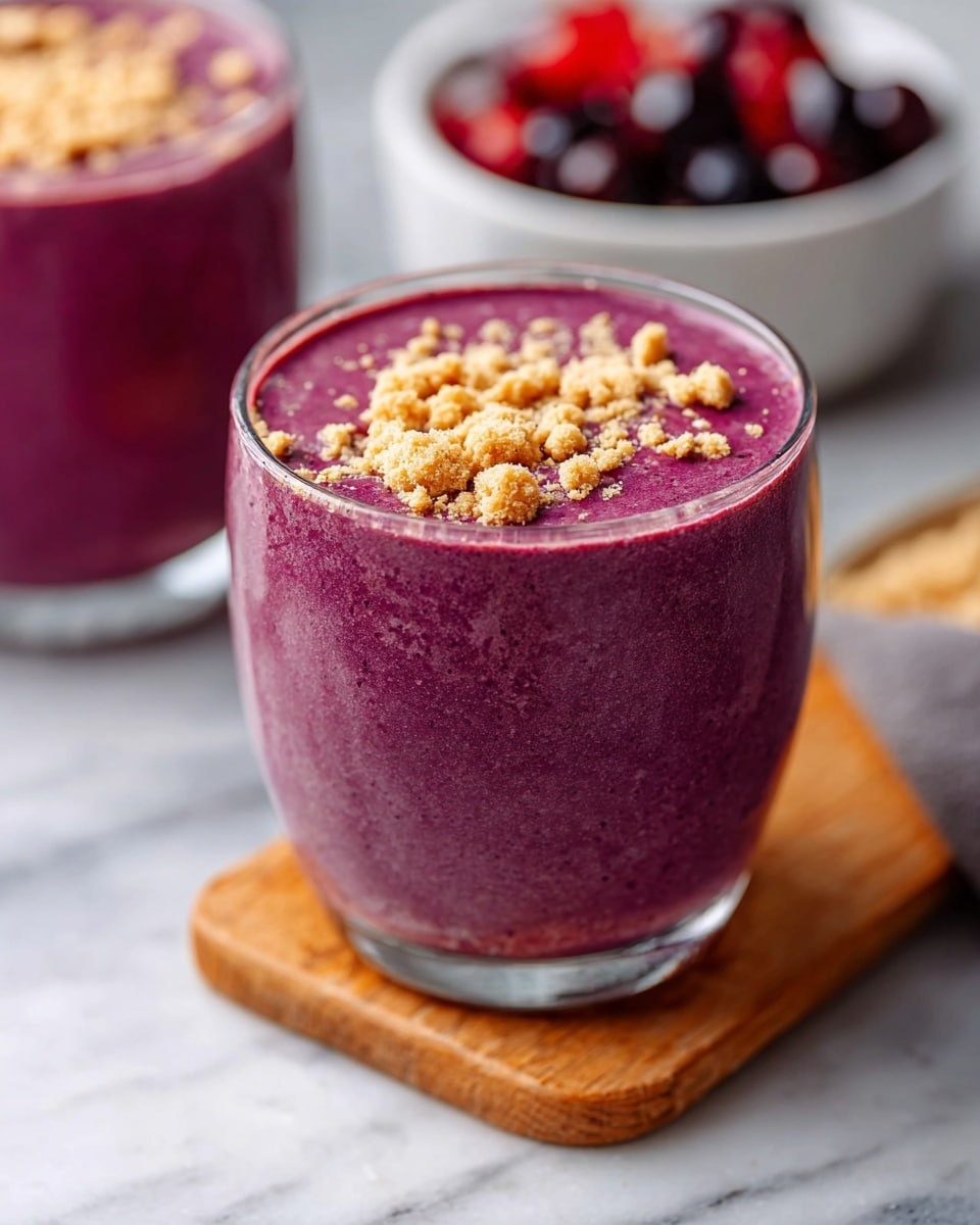 A thick, purple smoothie fills a clear glass, with tiny specks visible in the texture showing blended berries. The top layer is smooth and even, garnished with a few crumbled pieces of a light tan cookie or biscuit. The glass sits on a small wooden board, placed on a white marbled surface. In the blurred background, another glass with the same smoothie and biscuit crumbs is visible, along with part of a red bowl filled with dark berries. Photo taken with an iphone --ar 4:5 --v 6.1