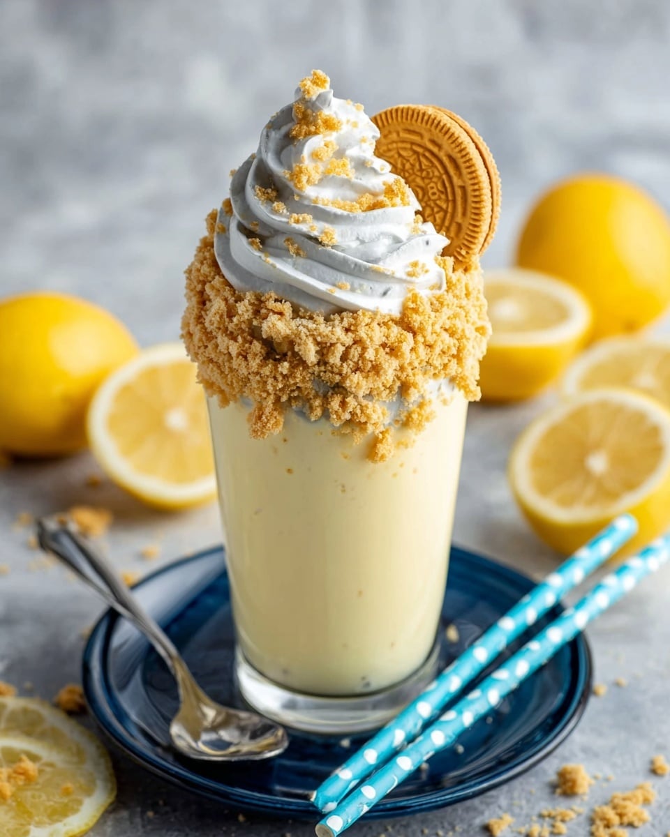 A tall glass filled with a creamy light yellow drink, topped with a thick layer of white whipped cream, around which is tightly covered with crushed golden cookie crumbs. On top of the whipped cream, there is a whole golden cookie, positioned slightly tilted. The glass is placed on a dark blue plate with two blue and teal straws beside it, all set on a white marbled surface. In the background, there are fresh yellow lemons, some whole and some sliced. photo taken with an iphone --ar 4:5 --v 6.1