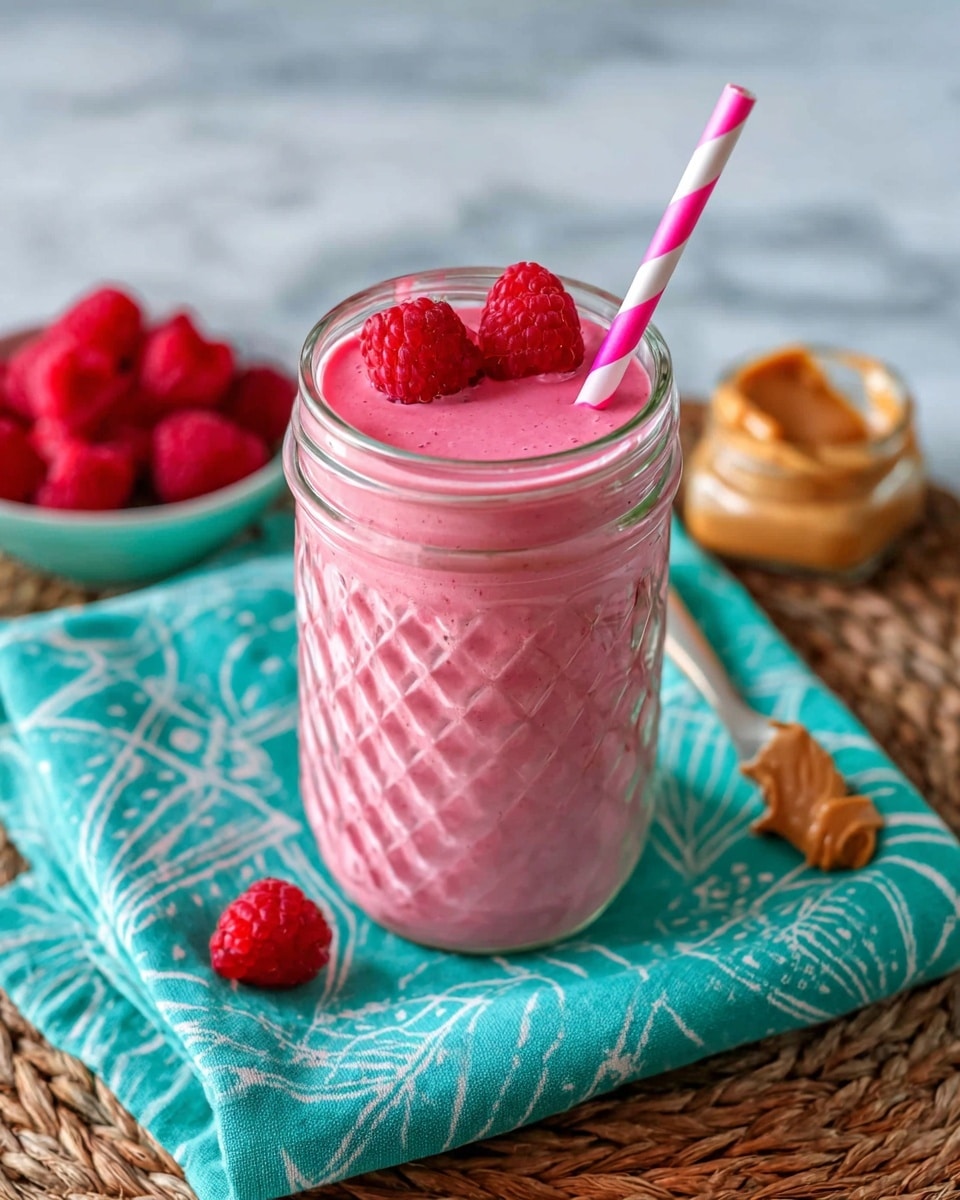 A glass filled with a thick, smooth, bright pink smoothie topped with two whole red raspberries sits in the center. A pink and white striped straw stands upright in the smoothie on the left side. The glass is placed on a white marbled surface, with a turquoise cloth with white patterns partially seen behind it. A few loose raspberries lie on the surface near the glass, and a metal spoon is visible in the background. Photo taken with an iphone --ar 4:5 --v 6.1