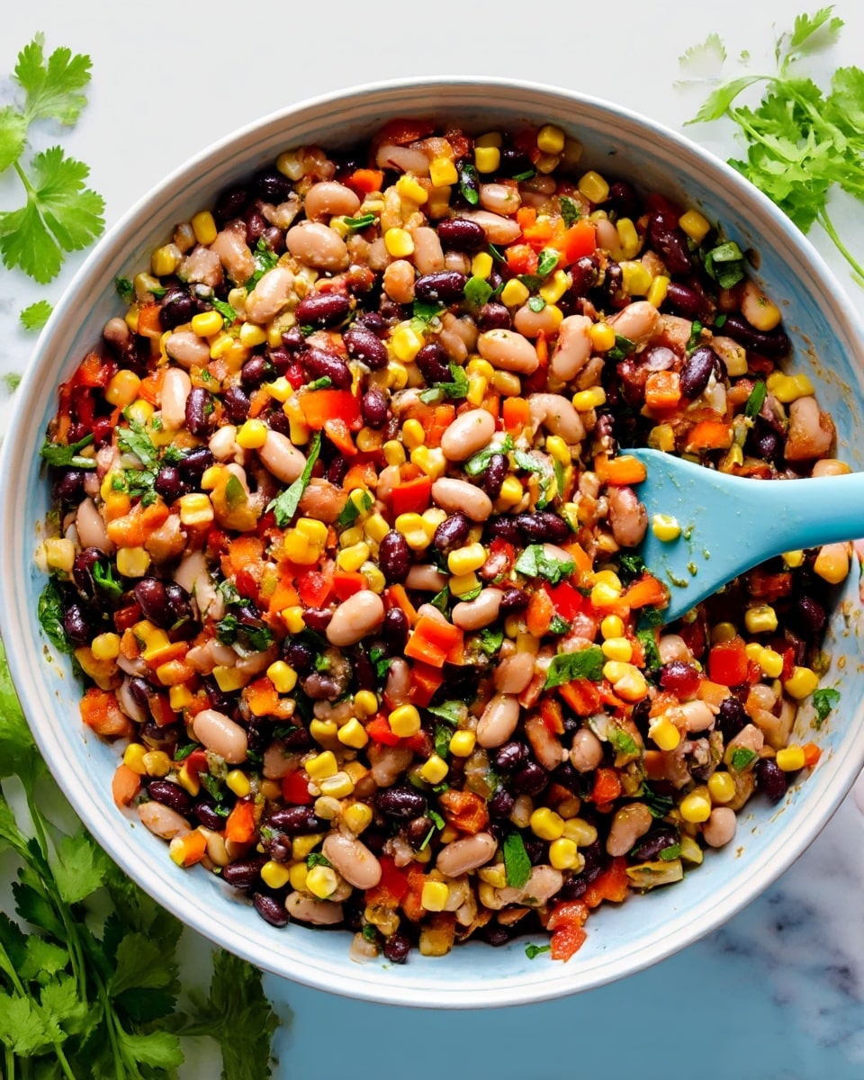 A large white bowl is filled with a colorful mix of black beans, white beans, yellow corn kernels, chopped red and orange bell peppers, and green cilantro leaves. The beans and vegetables are evenly mixed, creating a vibrant and fresh look with a variety of small, round shapes and bright colors. A light blue spatula rests inside the bowl, partially submerged in the mixture. The bowl sits on a white marbled surface, and fresh green cilantro sprigs are visible to the side. The photo taken with an iphone --ar 4:5 --v 6.1