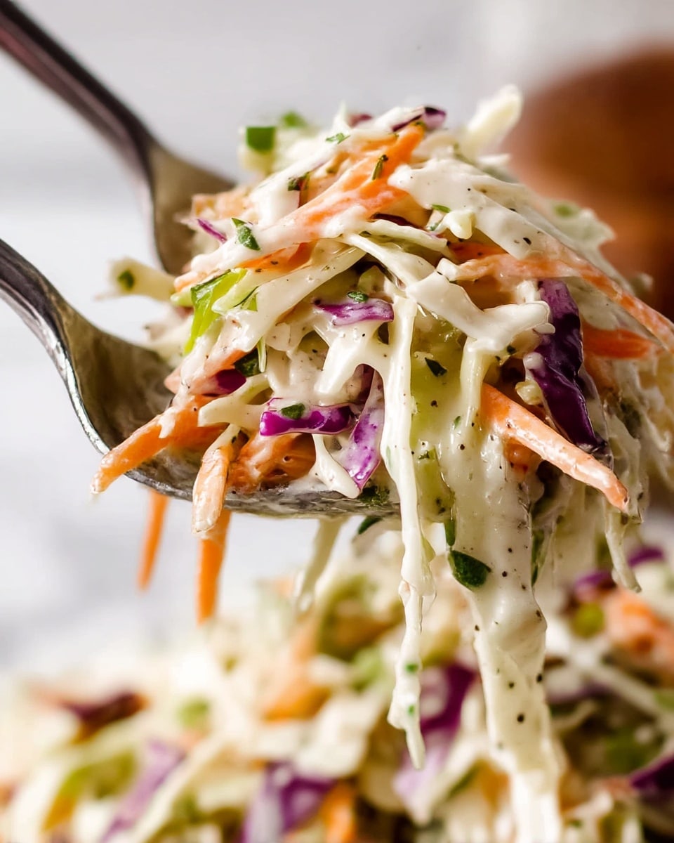 A white speckled bowl filled with a fresh coleslaw salad that has three main layers of shredded vegetables: cream-colored cabbage, bright orange carrot strips, and purple cabbage, all mixed together with small flecks of green herbs scattered throughout. Two silver serving spoons rest on the edge of the bowl, slightly buried in the coleslaw. The bowl sits on a white marbled surface with a blurred background showing wooden and metal utensils and a pepper grinder. photo taken with an iphone --ar 4:5 --v 6.1