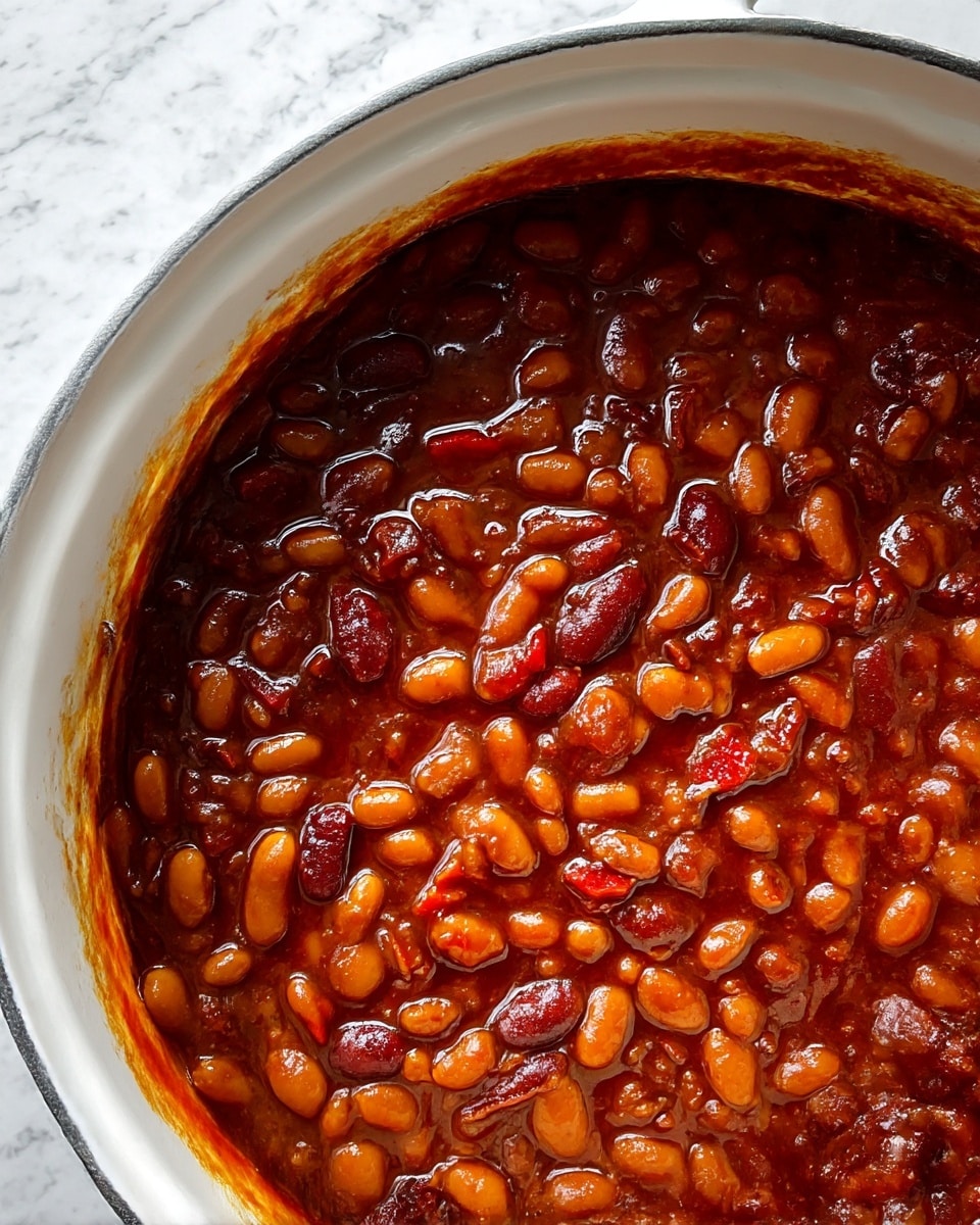 A close-up view of a white pot filled with thick baked beans in dark reddish-brown sauce, showing many small, glossy beans mixed with visible small pieces of red and brown ingredients throughout the sauce, creating a rich and hearty texture. The pot has a thick white rim mostly visible at the top. The background is a white marbled surface. photo taken with an iphone --ar 4:5 --v 6.1