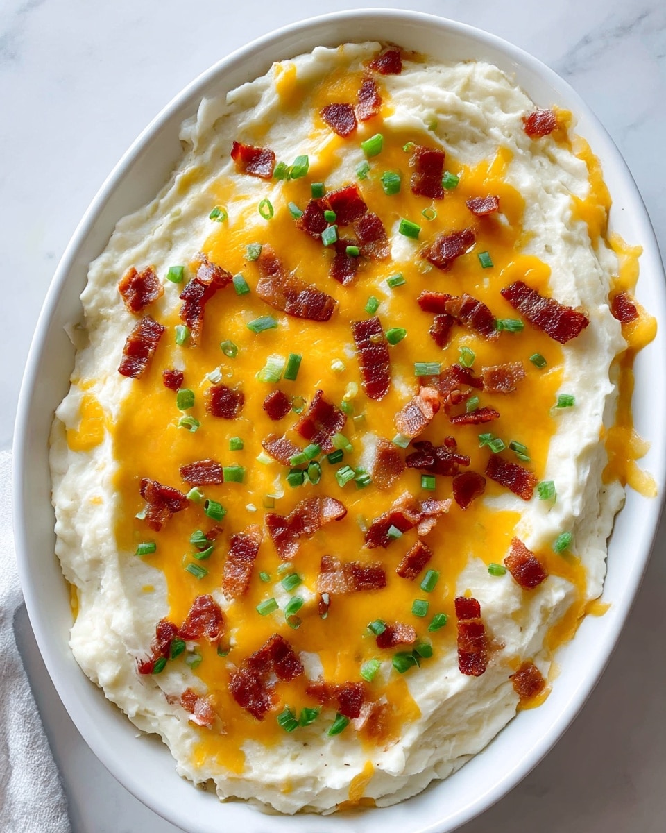 A large white oval dish filled with one thick layer of creamy white mashed potatoes, topped evenly with a bright orange melted cheddar cheese layer. Scattered on top of the cheese are small pieces of crispy brown bacon and tiny chopped green onions, adding color contrast. The dish sits on a white marbled surface with gentle light highlighting the textures of the melted cheese and smooth mashed potatoes. photo taken with an iphone --ar 4:5 --v 6.1