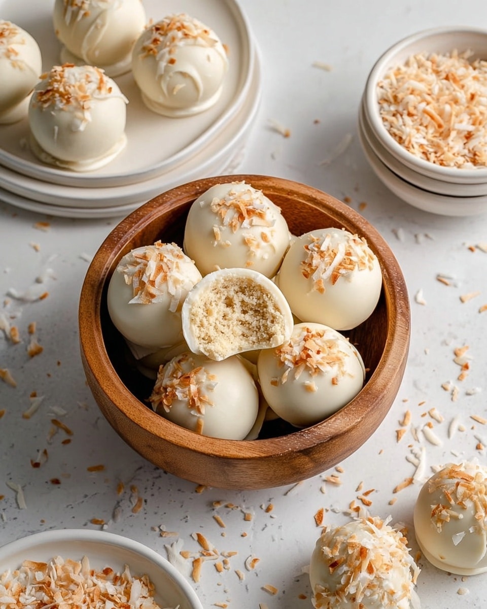 A wooden bowl filled with round white chocolate-covered balls topped with light brown toasted coconut flakes. One ball is opened showing a crumbly beige inside with small white bits. Around the bowl, there are white plates with more balls and a small white bowl filled with toasted coconut flakes. The whole scene is on a white marbled surface, with some scattered toasted coconut flakes adding texture. Photo taken with an iphone --ar 4:5 --v 6.1