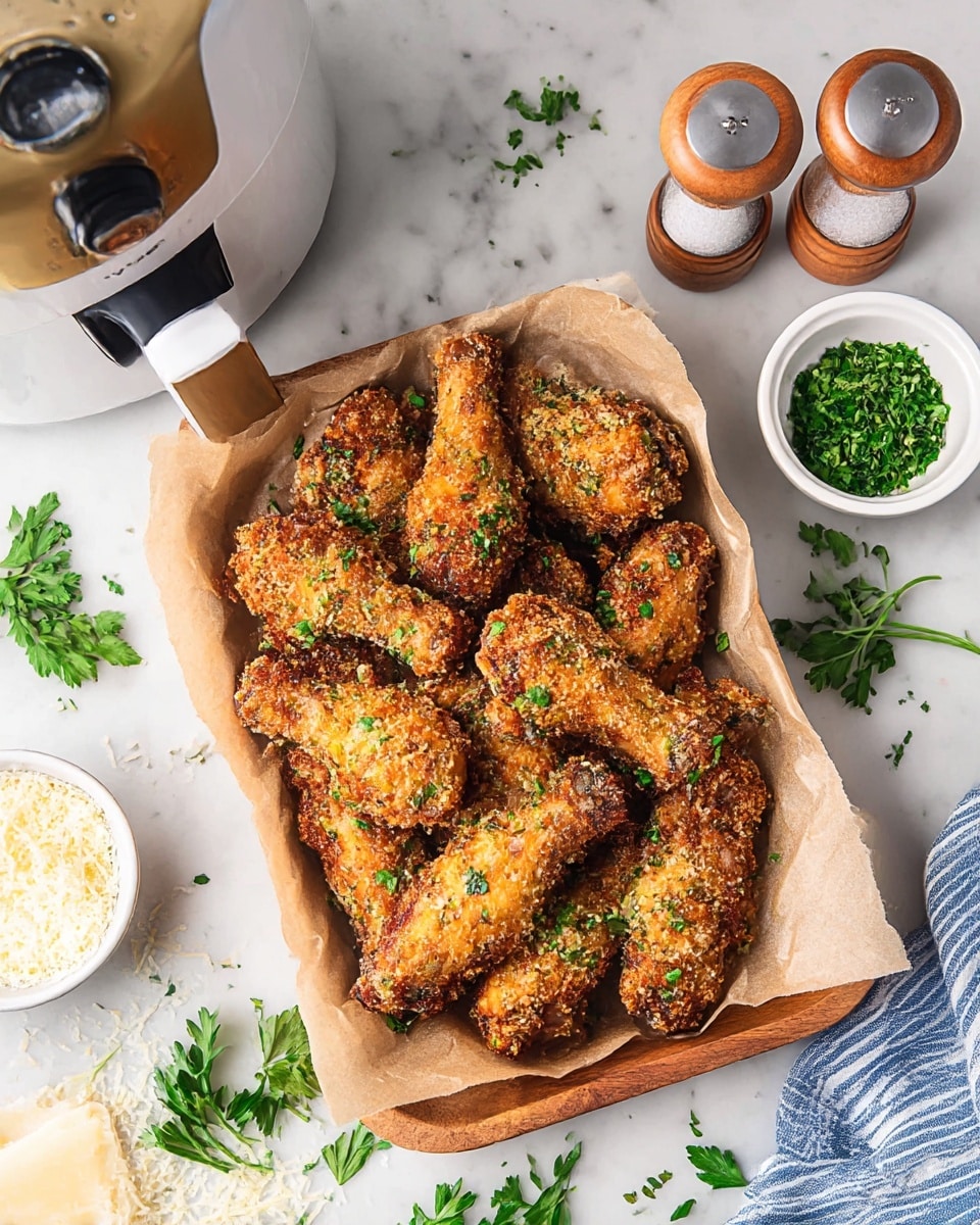 A wooden tray lined with light brown parchment paper holds about a dozen crispy chicken drumsticks and wings. The chicken pieces are golden brown with a crunchy, speckled coating flecked with small green herb bits. The tray sits on a white marbled surface scattered with fresh green parsley leaves. On the top right is a small white bowl filled with finely chopped green herbs, and nearby are two small round wooden salt and pepper shakers with silver tops. A small white bowl of grated cheese is positioned at the lower left, with some cheese spilled onto the marble. A gold and white deep fryer is partially visible in the top left. A blue and white striped cloth is at the lower right corner. photo taken with an iphone --ar 4:5 --v 6.1