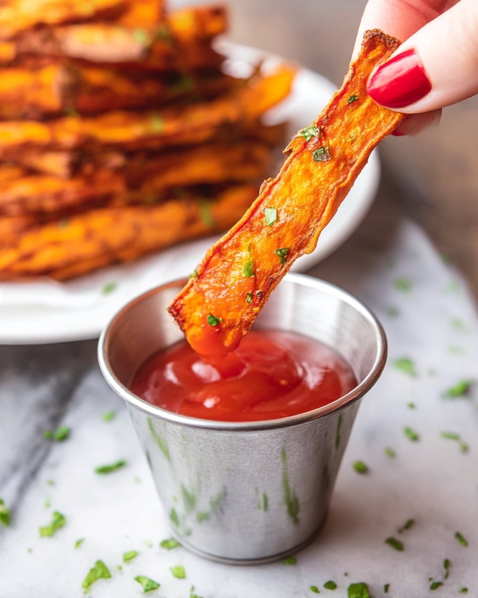 A close-up of a woman's hand with red nail polish dipping a long, crispy, orange-brown sweet potato fry with small green herb pieces into a shiny silver metal cup filled with bright red ketchup. In the background, there is a white plate stacked with more sweet potato fries, all on a white marbled surface scattered lightly with green herb bits. photo taken with an iphone --ar 4:5 --v 6.1