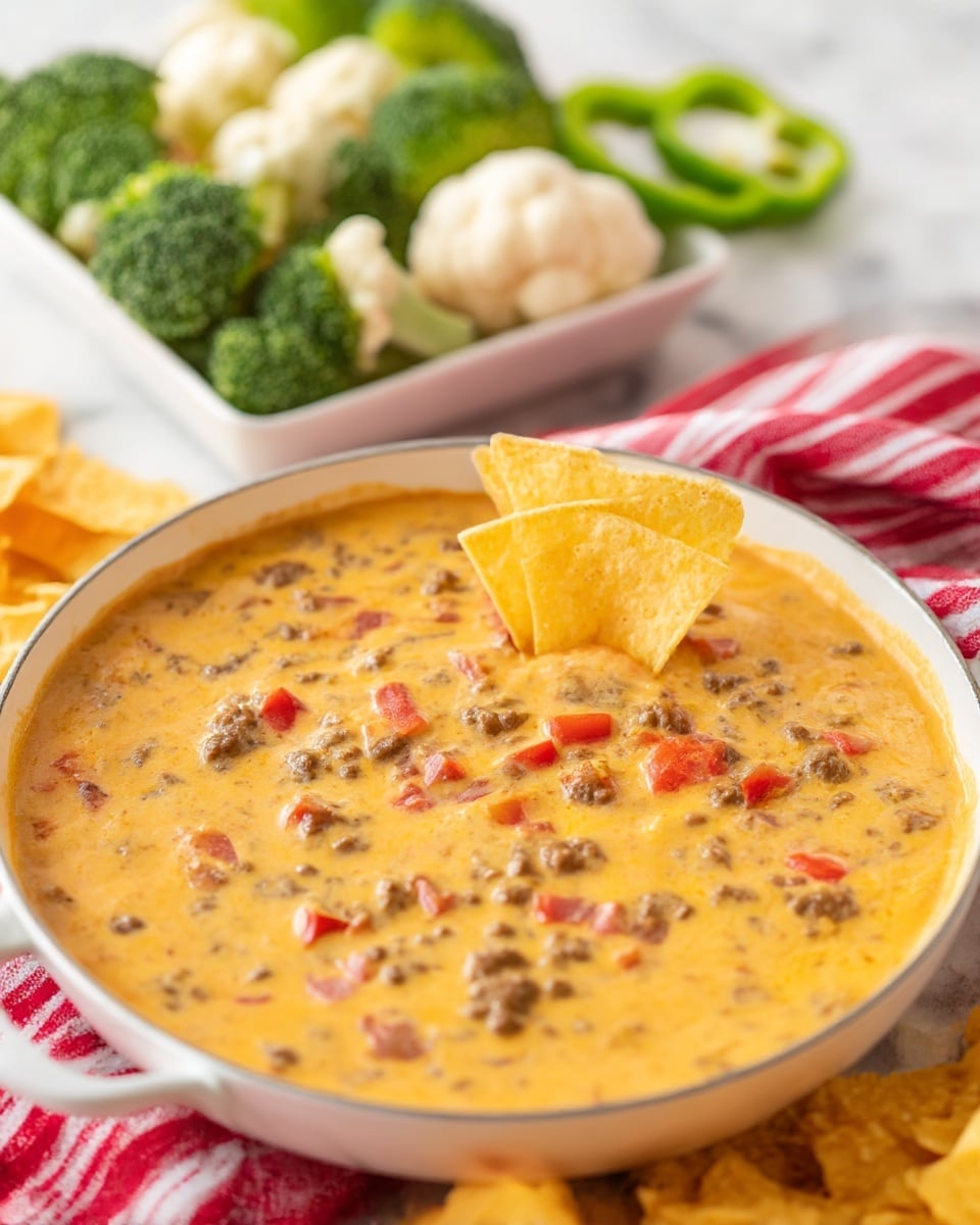 A close-up view shows a white bowl filled with a creamy, light orange dip with visible small chunks of ground meat and pieces of red pepper scattered throughout. A woman's hand holds a light beige, star-shaped chip dipped into the thick sauce, with some dip clinging to it. In the blurred background, there are white bowls filled with green celery sticks and bright red bell pepper slices. The scene is set on a white marbled surface. photo taken with an iphone --ar 4:5 --v 6.1