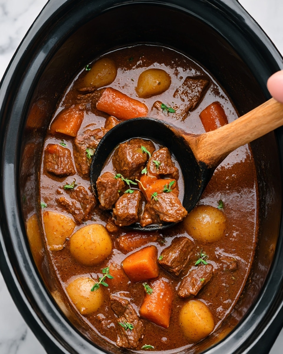 The image shows a close-up of a slow cooker filled with a rich beef stew. The stew has large chunks of tender brown beef scattered throughout a thick, dark brown sauce. There are big pieces of bright orange carrots and small, round, golden yellow potatoes mixed evenly among the beef. Tiny green herbs are sprinkled on top, adding a fresh look. A wooden-handled black ladle is partially submerged in the stew, resting on the side of the slow cooker, which is black. The background is a white marbled texture. Photo taken with an iphone --ar 4:5 --v 6.1