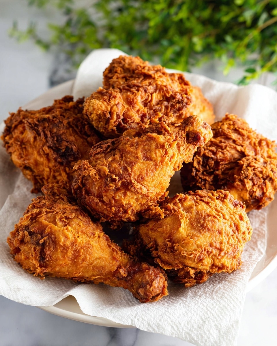 A pile of crispy fried chicken pieces with a golden-brown crunchy coating sits on a white paper towel inside a woven basket. The chicken's texture is rough and crinkly, showing many small crispy bits. In the background, there is a green leafy garnish that adds a fresh contrast. The whole scene is set on a white marbled surface. photo taken with an iphone --ar 4:5 --v 7