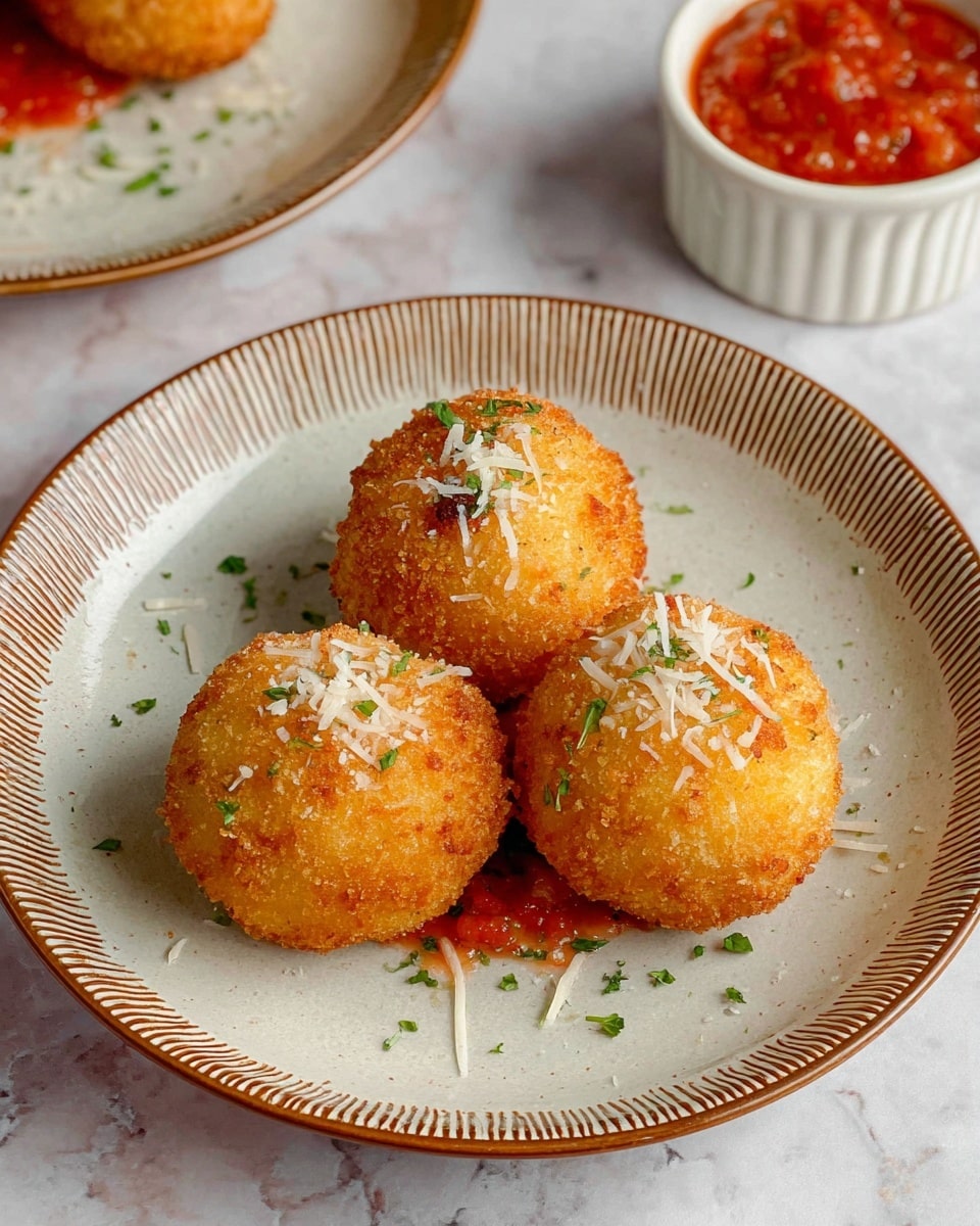 Three round, crispy golden brown fried balls sit closely together on a white plate with a light speckled blue center and a textured beige and brown rim. Each ball is topped with thin, pale shavings of cheese and small pieces of bright green herbs scattered lightly on top and around. The crispy texture of the balls is rough and crunchy, giving a warm and inviting look. The background shows a white marbled texture surface. Photo taken with an iphone --ar 4:5 --v 7