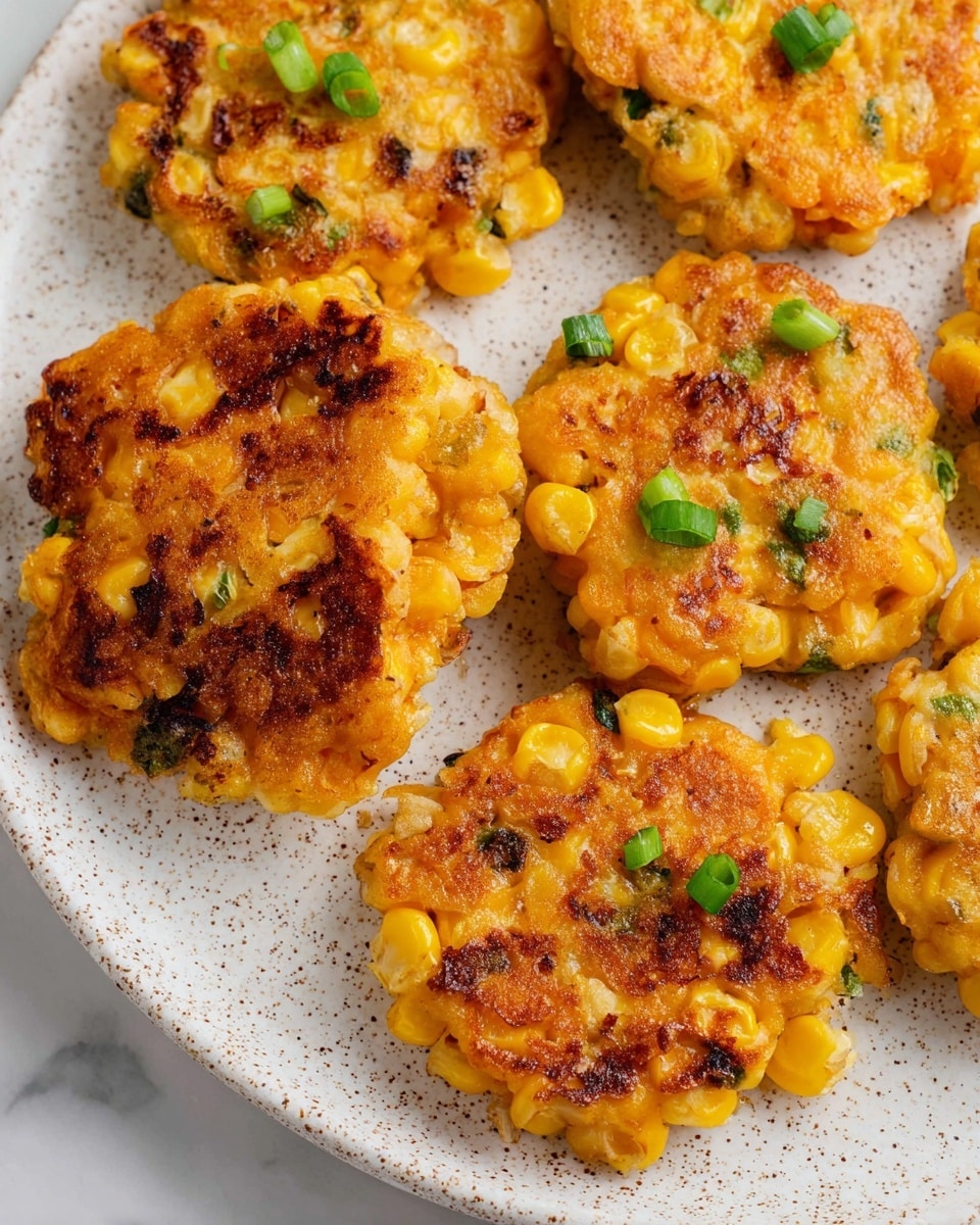 Three golden brown corn fritters sit on a white plate with a raised edge pattern. The fritters are thick with visible bright yellow corn kernels and small bits of green herbs mixed throughout. Each fritter is topped with a dollop of white cream and small chopped green onions scattered on top and around. The plate rests on a white marbled surface. photo taken with an iphone --ar 4:5 --v 7