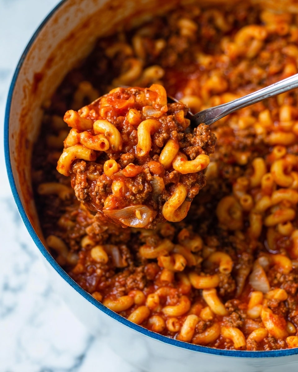 A close-up of a large blue pot filled with macaroni and ground beef cooked in a thick red tomato sauce. The top layer shows elbow macaroni pasta mixed with small pieces of cooked beef and visible bits of green celery. A metal ladle lifts a portion of the mixture, showing a chunky texture with sauce clinging to the pasta and meat. The inside edge of the pot has some sauce splashes, and the background is a white marbled texture. photo taken with an iphone --ar 4:5 --v 7