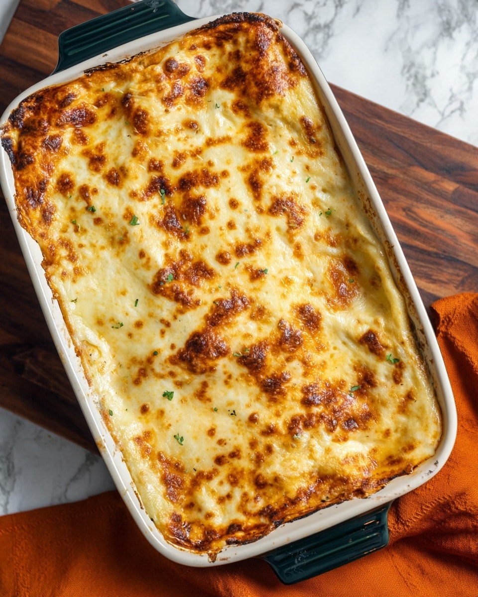A white rectangular baking dish with dark green handles is filled with a baked lasagna that has a golden-brown, bubbly cheese layer on top. The edges of the cheese are slightly crisp and darker, showing some browning and bubbling from baking. The layers underneath the cheese are not visible but the top surface has a smooth, melted texture with patches of darker toasted spots. The dish sits on a dark wooden surface with an orange cloth and a striped white towel partly visible on one side. photo taken with an iphone --ar 4:5 --v 7