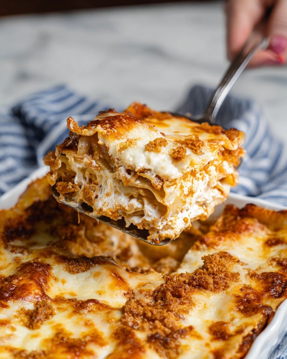 A close-up view of a creamy layered casserole being lifted from a white baking dish. The casserole has three visible layers: a melted, golden-brown cheese topping with toasted crispy bread chunks on top; a middle layer of smooth, white sauce mixed with soft, cooked pieces; and a bottom layer of a slightly darker sauce with tender chunks beneath. The melted cheese glistens with some browned spots, while the bread pieces add texture. The baking dish edges show some sauce drips, and in the background, a woman's hand holds the spatula lifting the piece, all set against a white marbled textured surface. Photo taken with an iphone --ar 4:5 --v 7