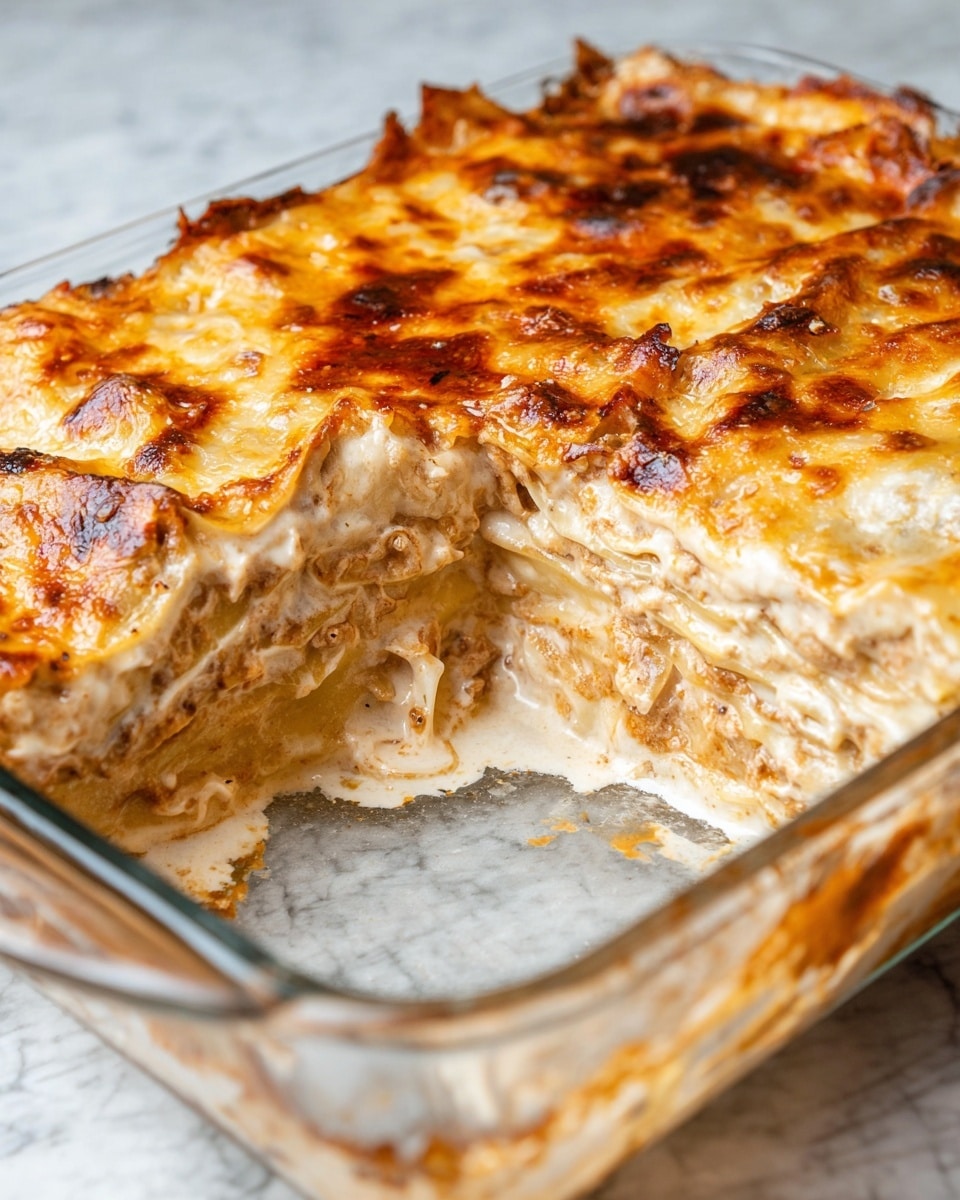The image shows a baked layered dish with around seven layers visible. Each layer alternates between thin pale beige pasta sheets and a creamy white sauce. The top layer is covered with melted and browned cheese, which is golden to dark orange in color and slightly crusty. The layers are stacked inside a transparent glass baking dish. There is a large section missing, showing the creamy texture inside and some sauce spilled in the empty part. The dish sits on a cloth with blue stripes and the background has a white marbled texture. photo taken with an iphone --ar 4:5 --v 7