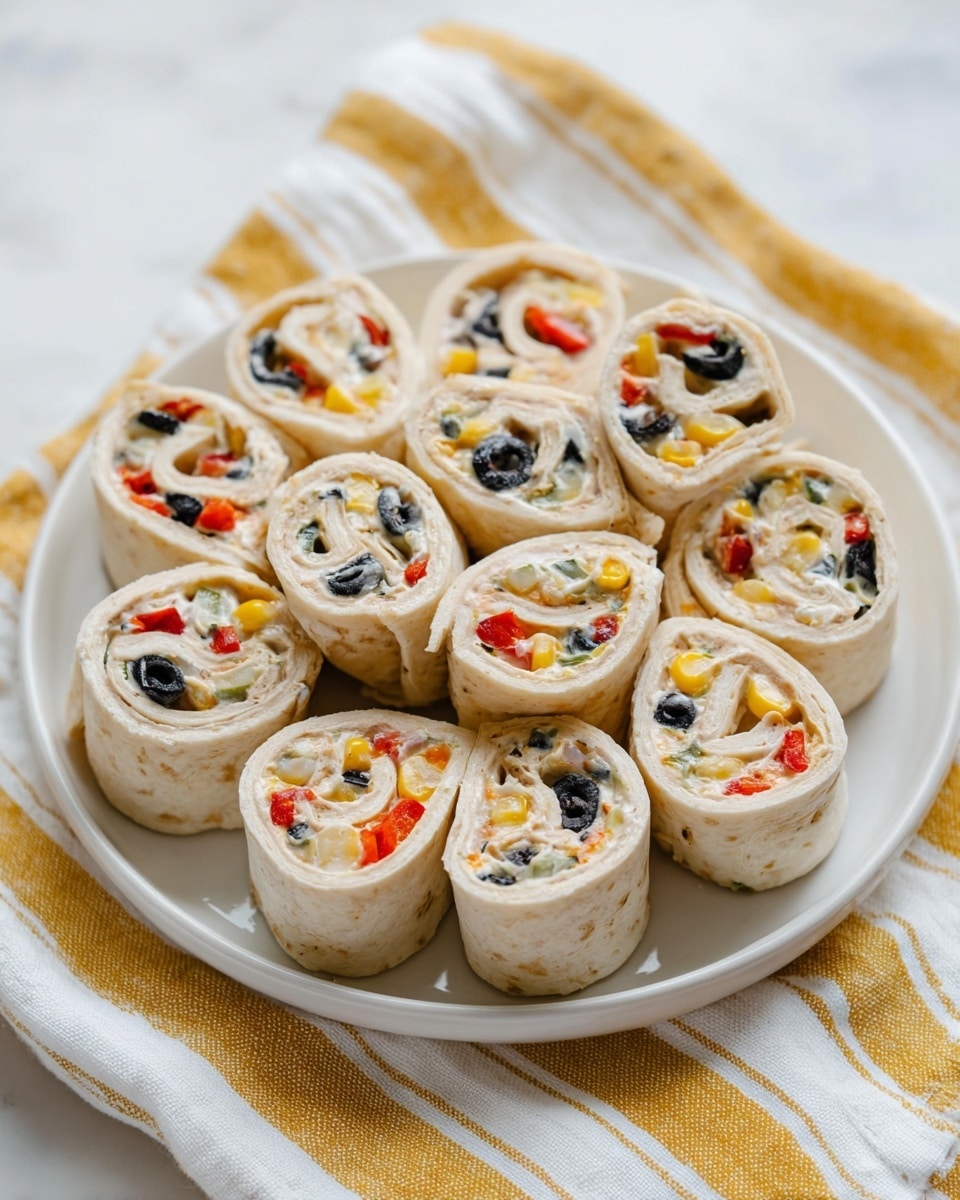 A white plate holds two layers of rolled tortilla pinwheels arranged in a circular pattern. Each pinwheel is sliced to show three layers: a light beige tortilla outer layer, a middle creamy white filling speckled with green herbs, and colorful bits of black olives, yellow corn, and red bell peppers evenly distributed inside. The plate sits on a white and yellow striped cloth, with a white marbled surface in the background. The image is taken close up, showing the texture of the creamy filling and the soft tortilla. photo taken with an iphone --ar 4:5 --v 7